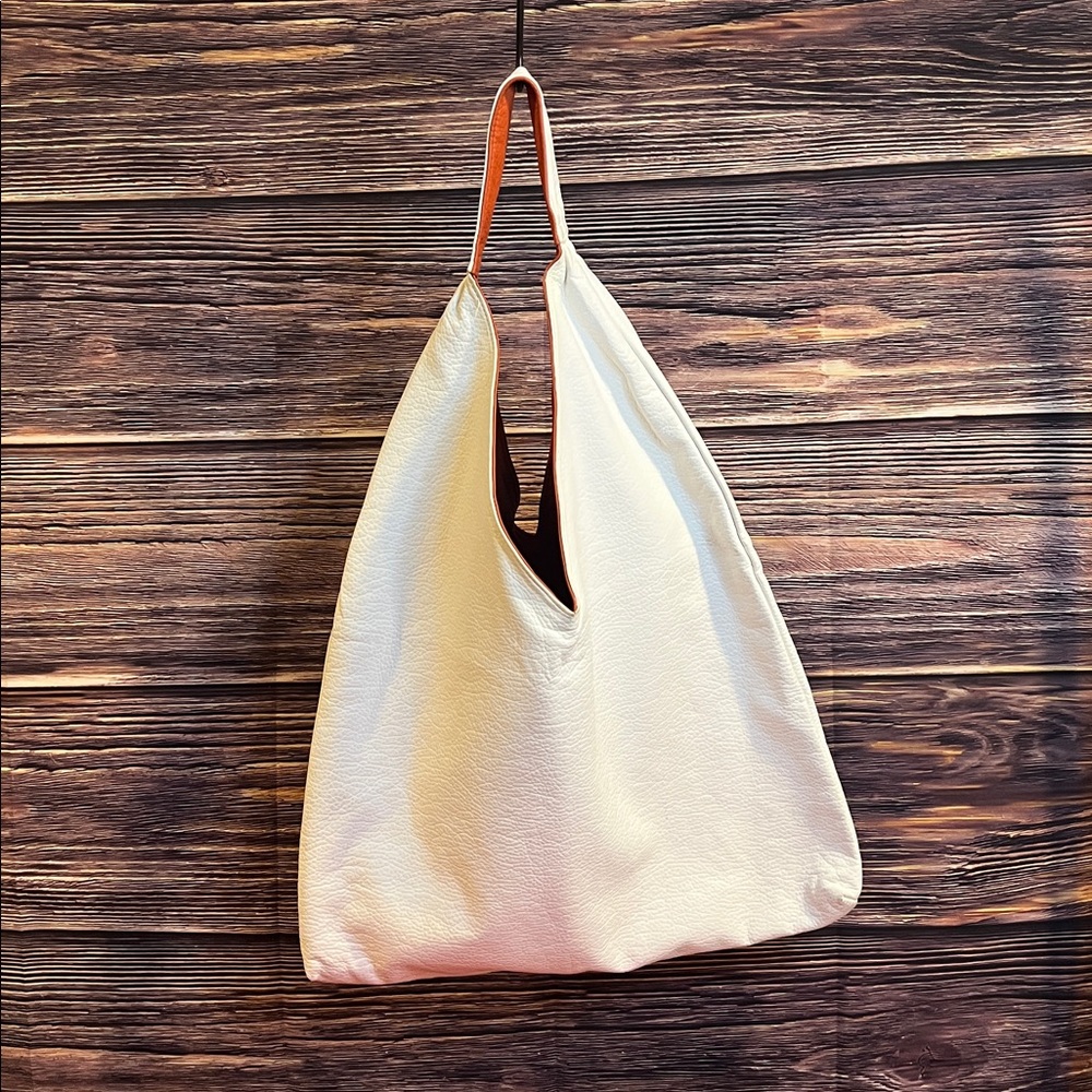 Vibrant Orange and White Reversible Pleather Tote Bag